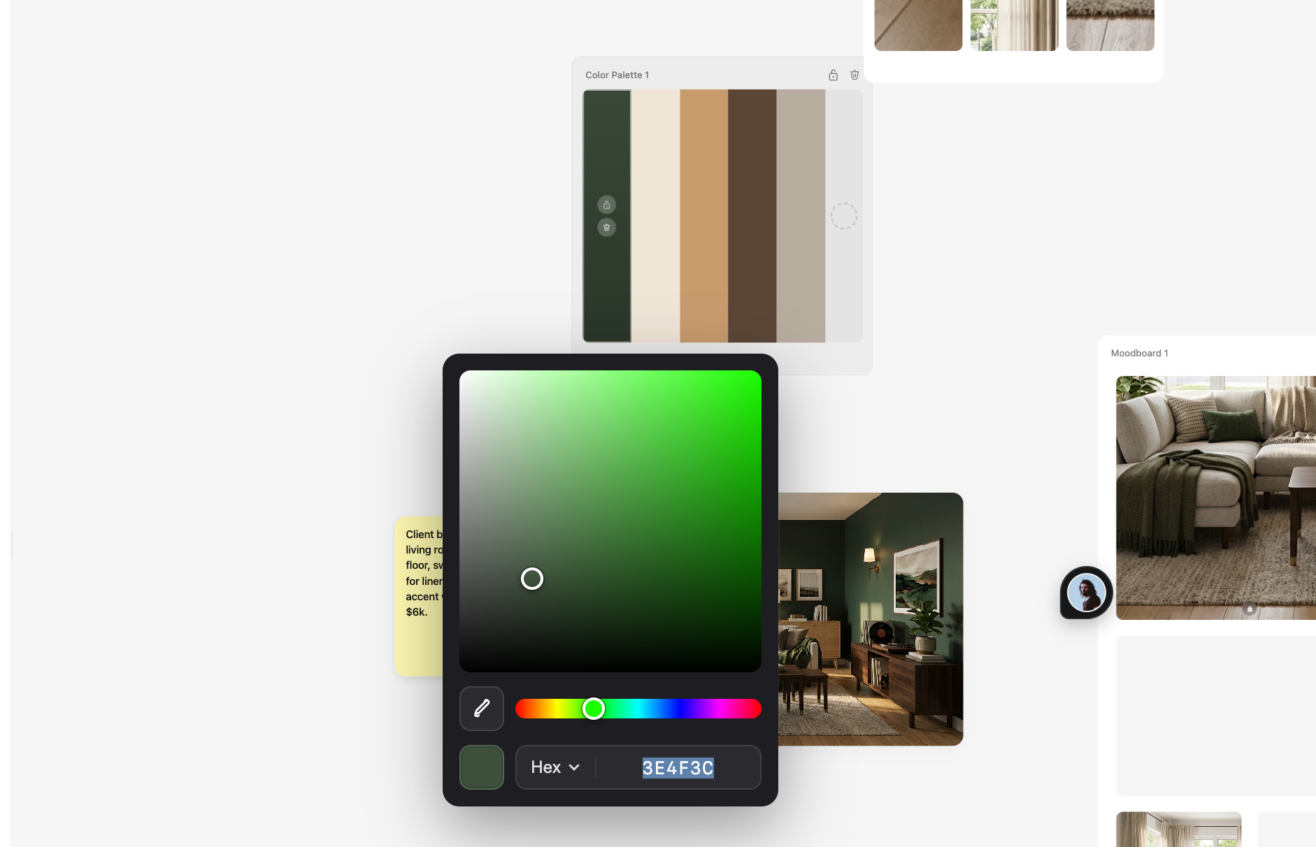 Color palette block with the picker open showing Hex, RGB, HSL and HSB formats