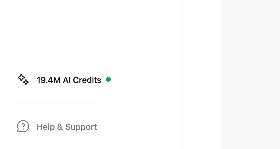 AI Credits balance pill in the dashboard sidebar