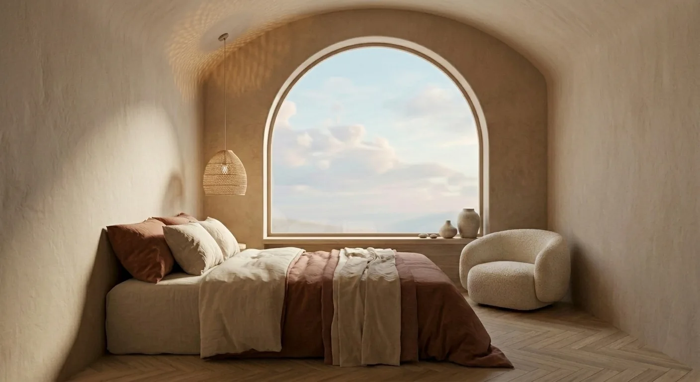 A warm Japandi bedroom render after a one-sentence edit added an armchair; everything else unchanged