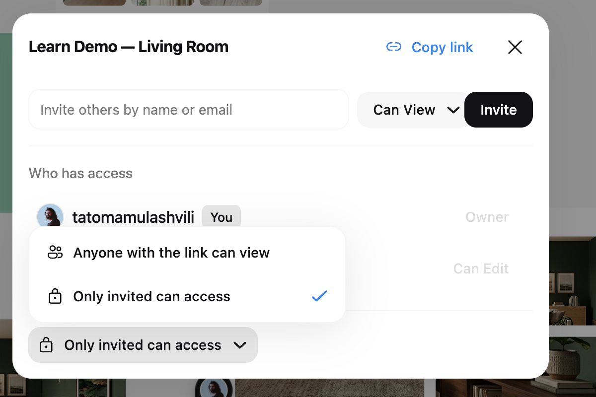 The share dialog with the public link access selector