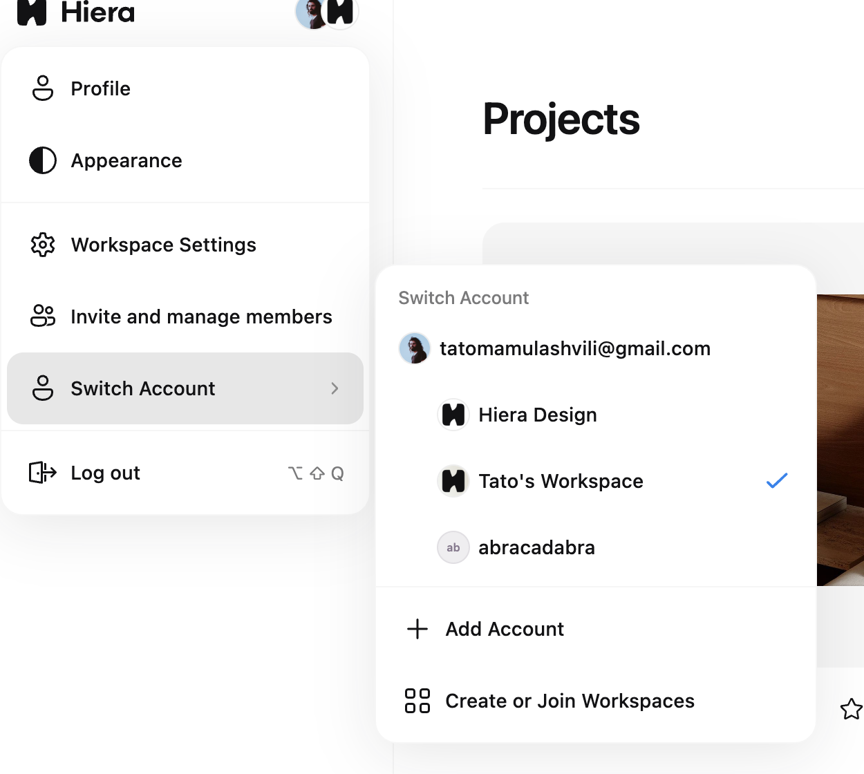 The Switch Account menu listing your own and other workspaces